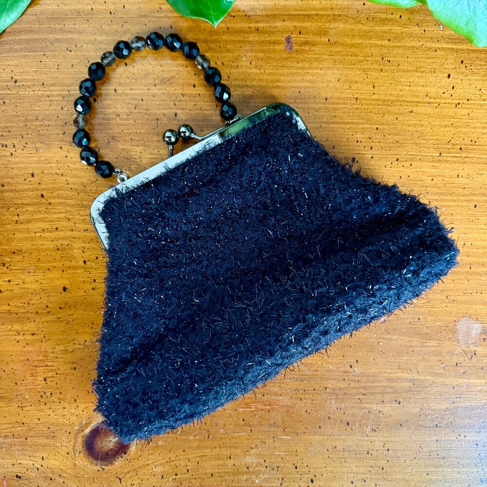 Vintage Liz Soto Black Beaded Handle Clutch Purse | Y2K Fuzzy Evening Bag
